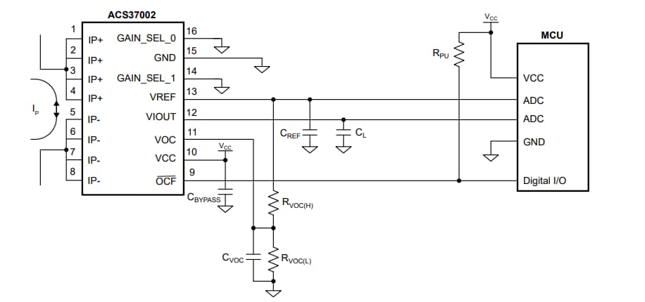Applikations-Schaltungsdiagramm - Allegro MicroSystems Hochgenaue 400-kHz-Stromsensor-ICs ACS37002